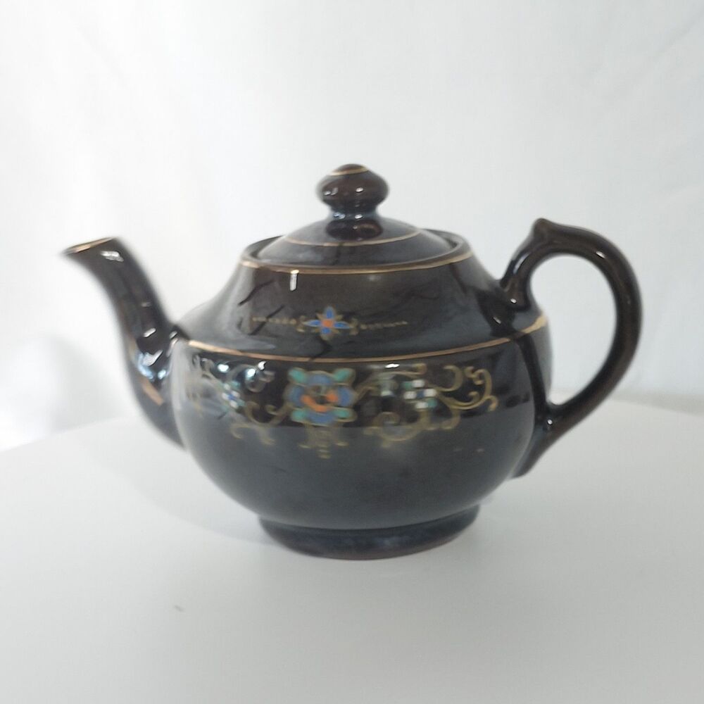 Vintage Japanese Moriage Redware Teapot Brown Betty Gold Backstamp Export 7"